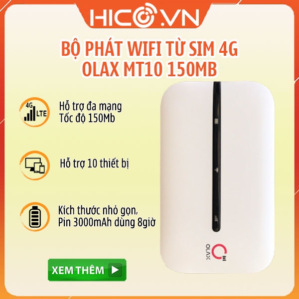 Bộ Phát Wifi Từ Sim 4G Olax MT10 - Dung Lượng Pin 3000mAh, Tốc Độ Cao 150Mbps, Kết Nối 10 Thiết Bị, Nhỏ Gọn, Đẹp Mắt