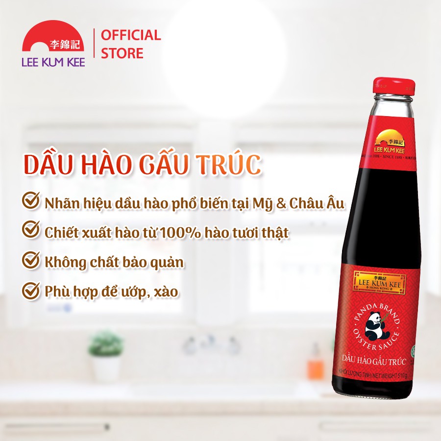 Dầu hào Lee Kum Kee Panda Brand Oyster Sauce (Chai 907g) hiệu gấu trúc với chiết xuất hào chọn lọc 11%