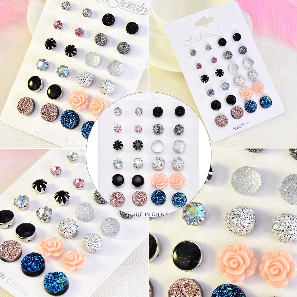 Bộ 12 đôi bông tai đính đá xinh xắn thời trang cho nữ