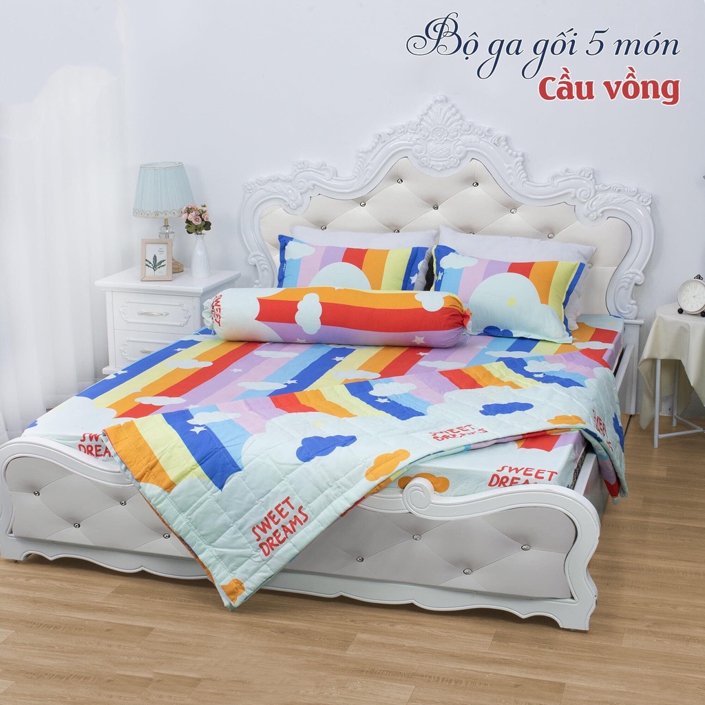 Bộ chăn ga gối 5 món Poly Cotton họa tiết dễ thương, chăn hè chân bông đủ kích thước 1m6 1m8 2m2 - MT.Decor