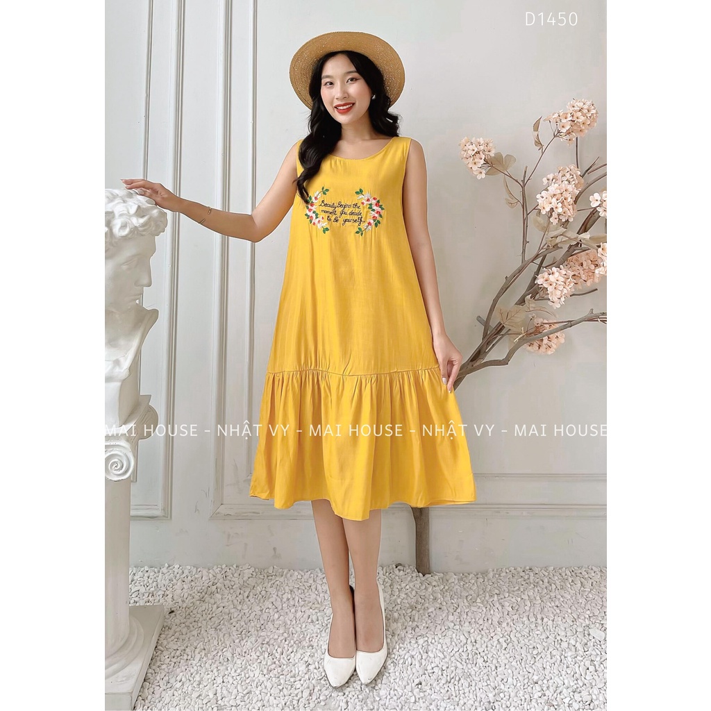 Đầm Đi Chơi NHẬT VY Sát Nách Thêu Chữ Dáng Suông Đuôi Cá Chất Vải Tơ Xước Màu Vàng, Trắng - D1450 | BigBuy360 - bigbuy360.vn