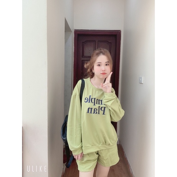 Set Bộ Nỉ Xanh Chuối Phong Cách Mùa Thu Đông Tối Giản
