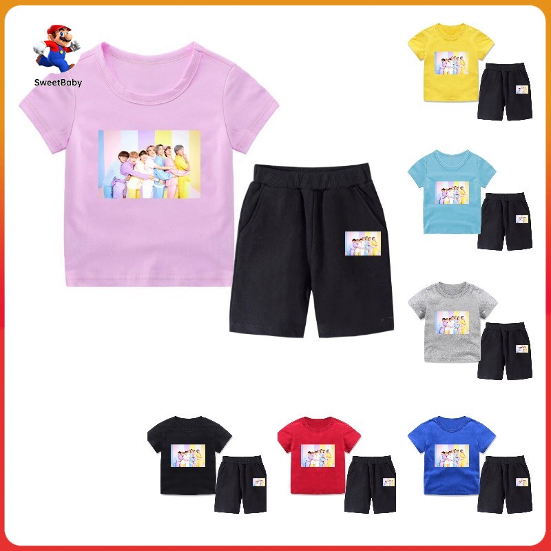 Set áo thun tay ngắn in hình BTS + quần short cotton nguyên chất thời trang mùa hè cho bé