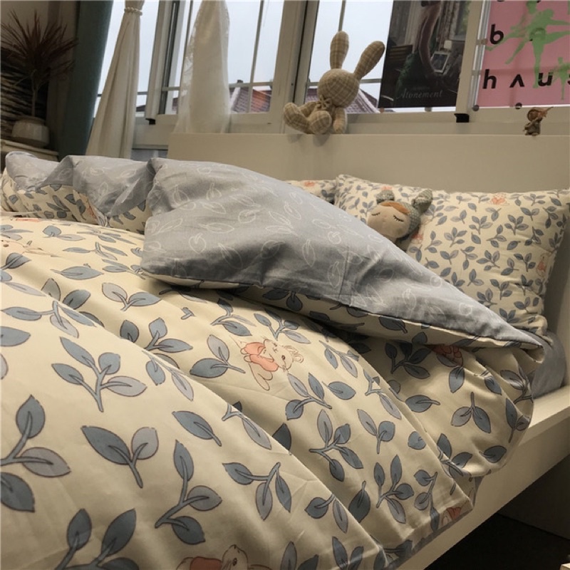 Shinbedding_ Set Bộ Vỏ Cotton Living Thỏ Ăn Lá Siêu Dễ Thương, Chất Liệu Mềm Mát,Thấm Hút Mồ Hôi