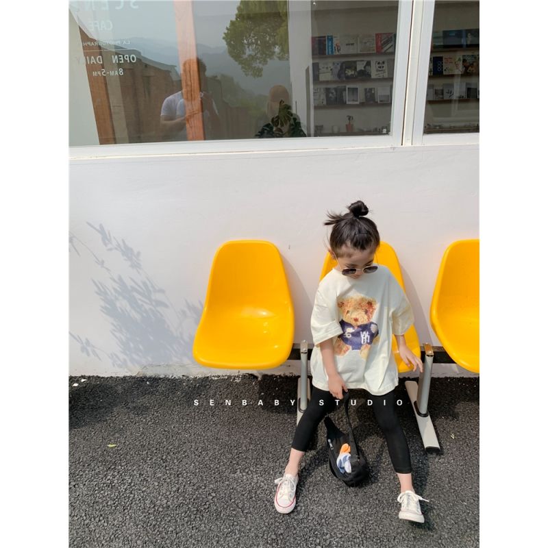 Áo Thun Tay Lửng Dáng Rộng In Hình Gấu Dễ Thương Phong Cách Hàn Quốc Thời Trang Mùa Hè Cho Bé Gái