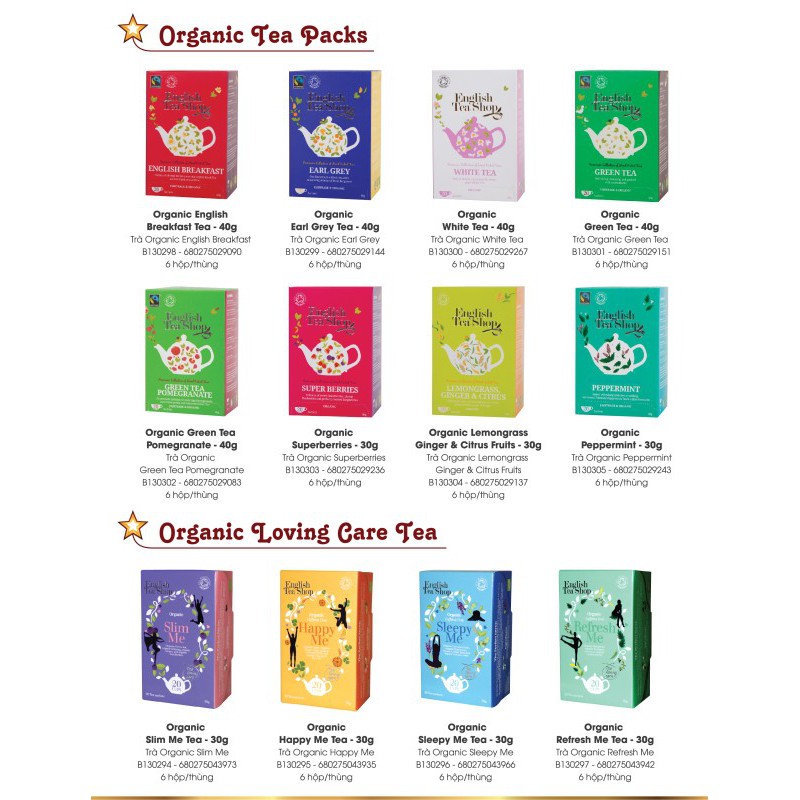 Trà Organic Hữu Cơ, Thảo Mộc Tự Nhiên Hiệu English Tea Shop 40g(100% UK)