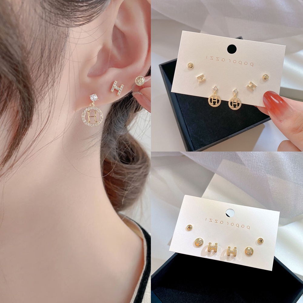 Bộ Khuyên Tai Chữ H Đính Đá Zircon Phong Cách Hàn Quốc Thời Trang