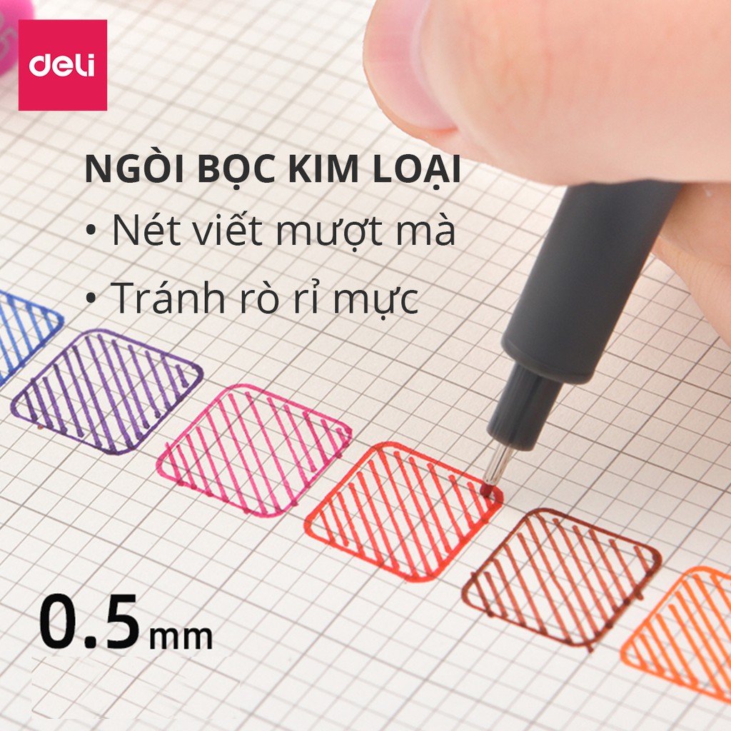 Bộ 9 bút line đi nét nhiều màu Deli ngòi bọc kim loại 0.5mm viết caligraphy thư pháp trang trí sổ tay học sinh S572