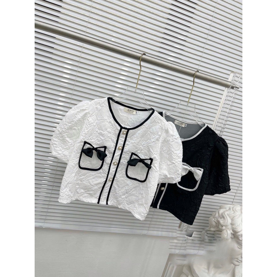 Áo Sơ Mi Nơ Túi Chất Gấm Xốp Ulzzang 2 Màu Đen Trắng
