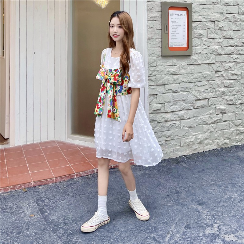 Xiaozhainv Áo dây hoa buộc nơ/ Đầm trắng tay ngắn thời trang cho nữ