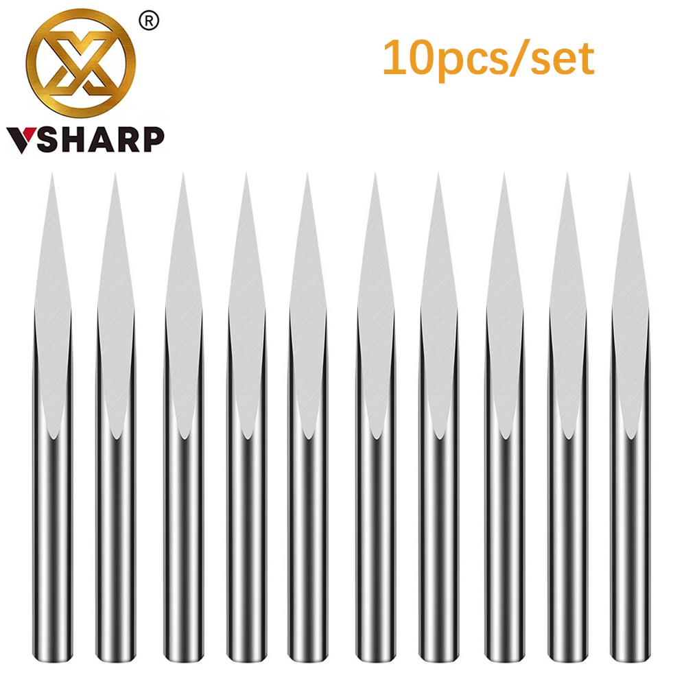 Bộ 10 Mũi Phay Khắc Gỗ / Kim Loại / Ngọc Bích 3.175mm Thân 3 Mặt Hình Chữ V Chuyên Dụng