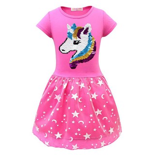 Đầm thun chân voan kết kim sa đổi màu hình ngựa Pony sừng Unicorn