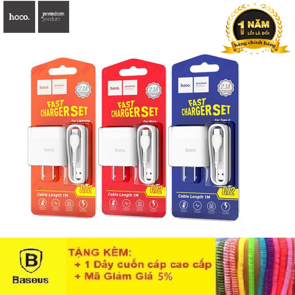 Bộ Củ Cáp Sạc Hoco C72/C72A-Sạc Nhanh 2.1A Kèm Dây/Micro USB/Type C-Bảo Hành 12T