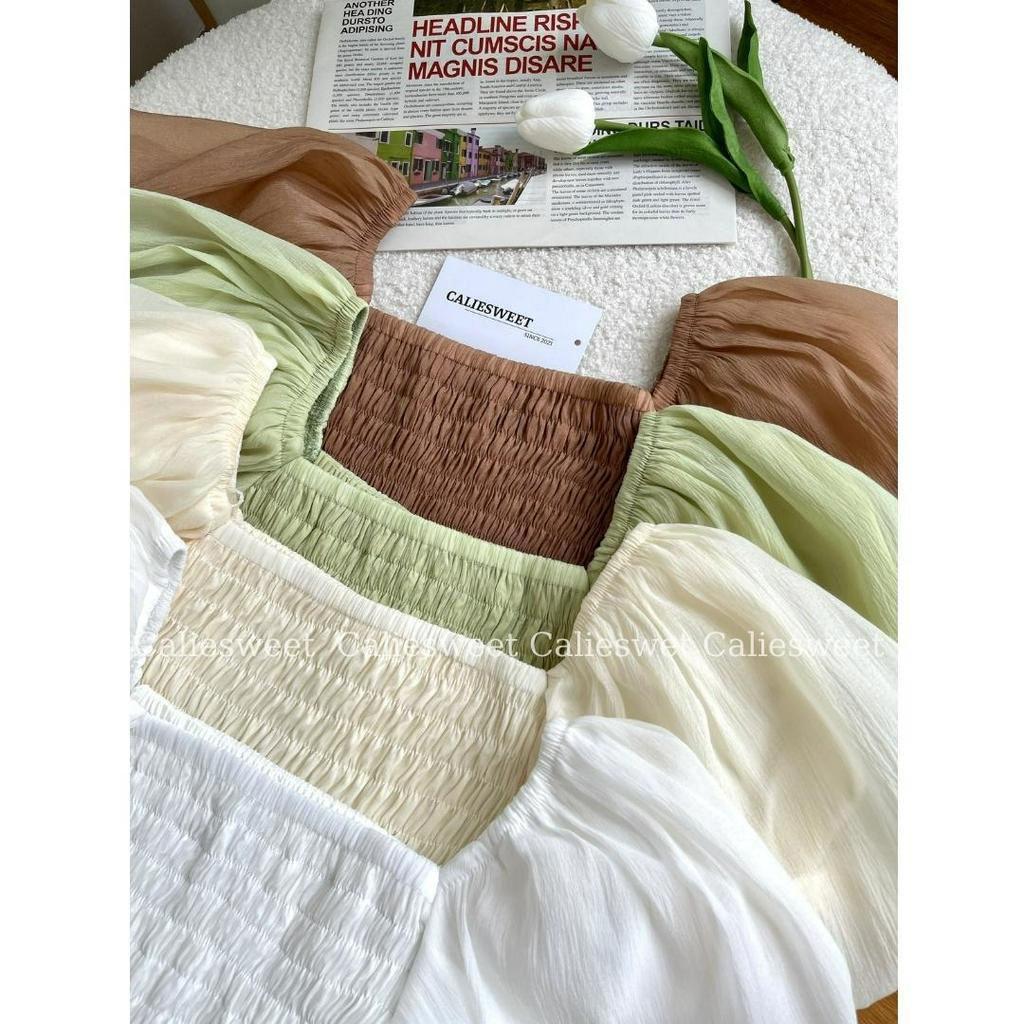 Váy maxi tay bồng Caliesweet váy maxi cổ vuông 2 lớp tôn dáng phong cách điệu đà