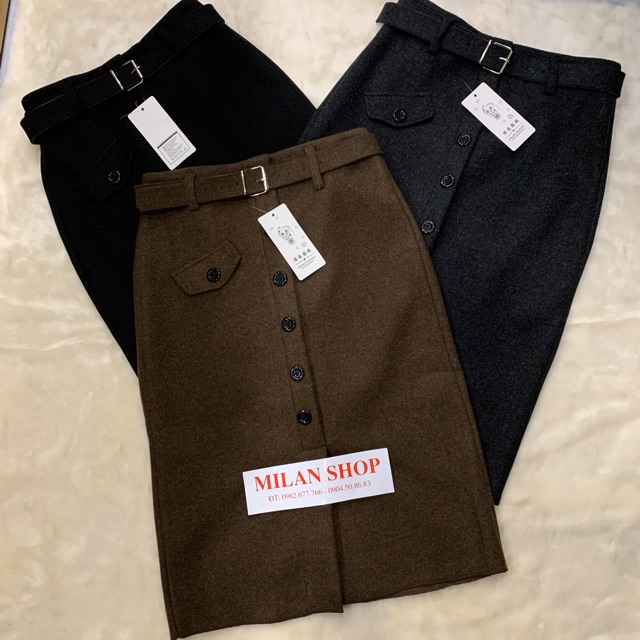 Chân váy dạ dài qua gối kèm đai hàng khuy giả túi phom rộng | BigBuy360 - bigbuy360.vn