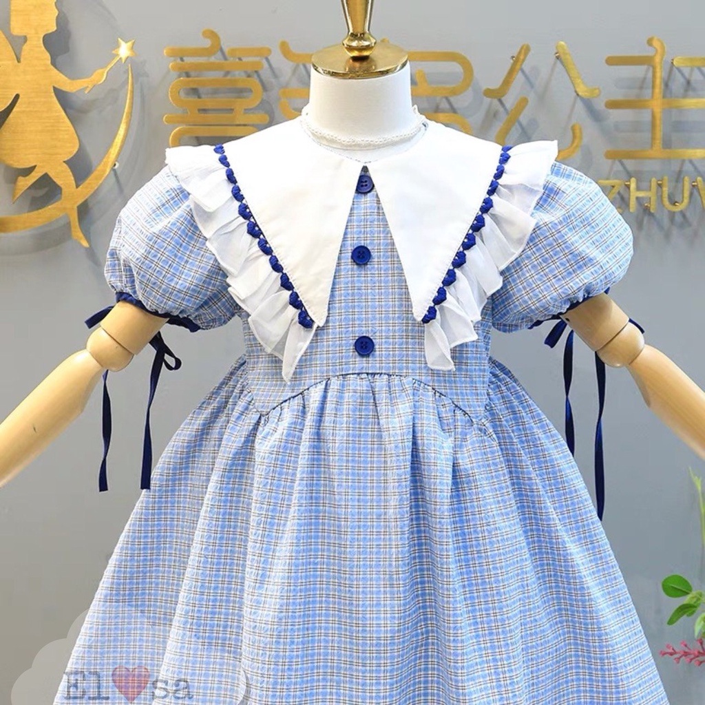 Váy bé gái - Đầm công chúa kẻ caro cổ tam giác trắng siêu xinh cho bé 1-8 Tuổi