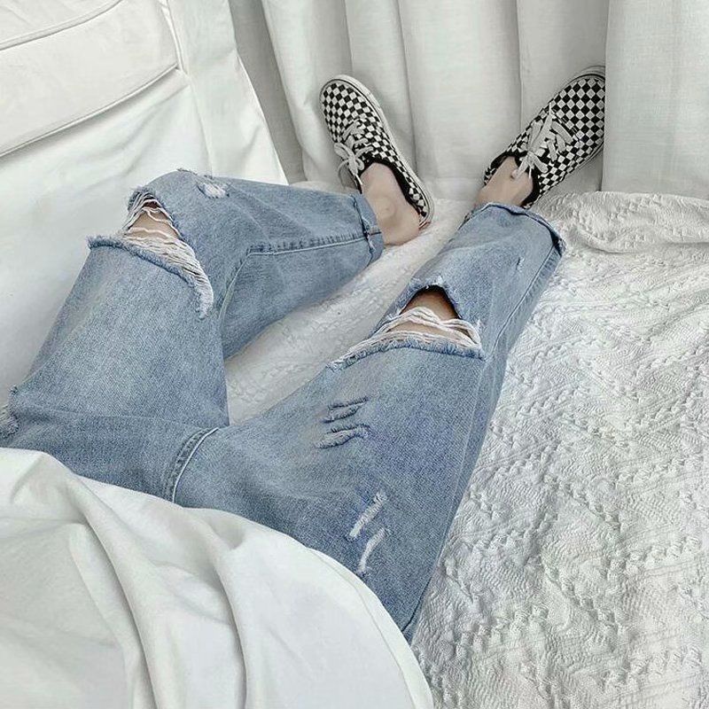 Ripped jeans men's trendy brand straight loose summer ultra-thin beggar nine-point long pants men's Korean version of the trend