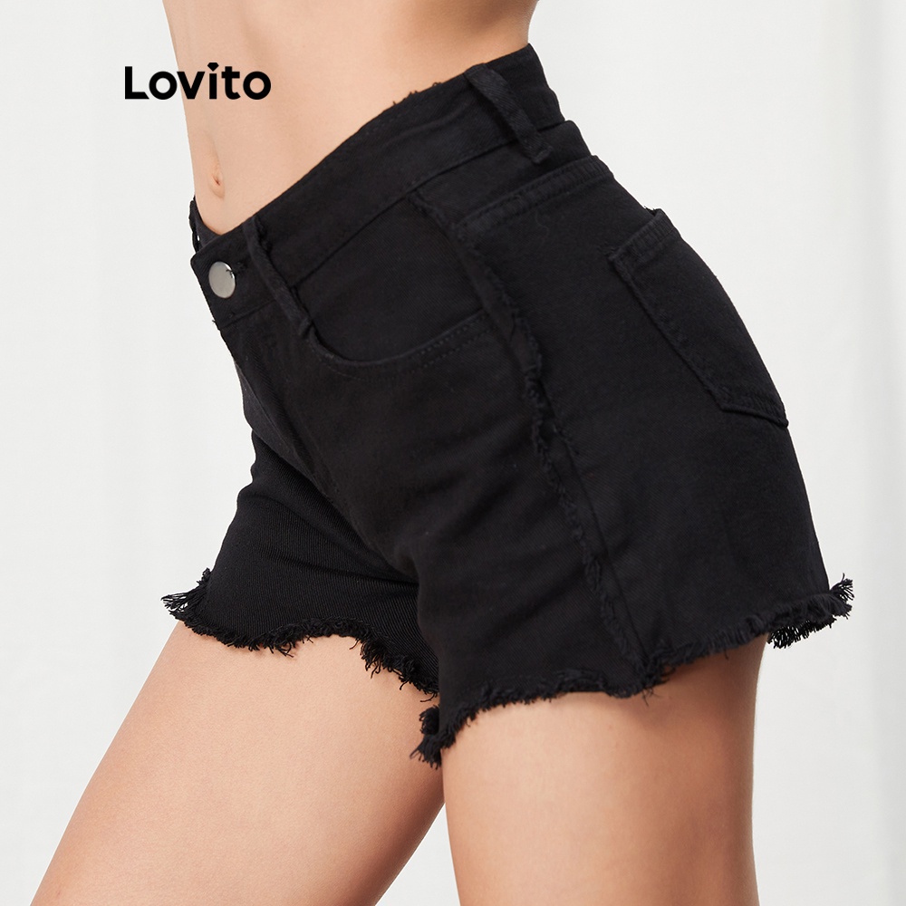  Quần short denim Lovito L07065 lưng cao màu đen | BigBuy360 - bigbuy360.vn