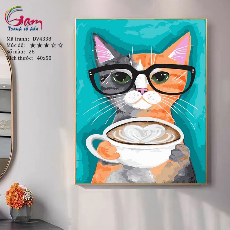 Tranh tô màu theo số mèo đeo kính có sẵn đã căng khung 40x50cm DV4338