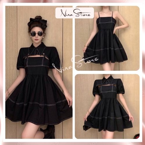 Set váy nữ 2 dây viền chỉ nổi mix kèm áo sơ mi khoác ngoài đầm chất thô mềm phong cách cá tính hottrend NinaStore