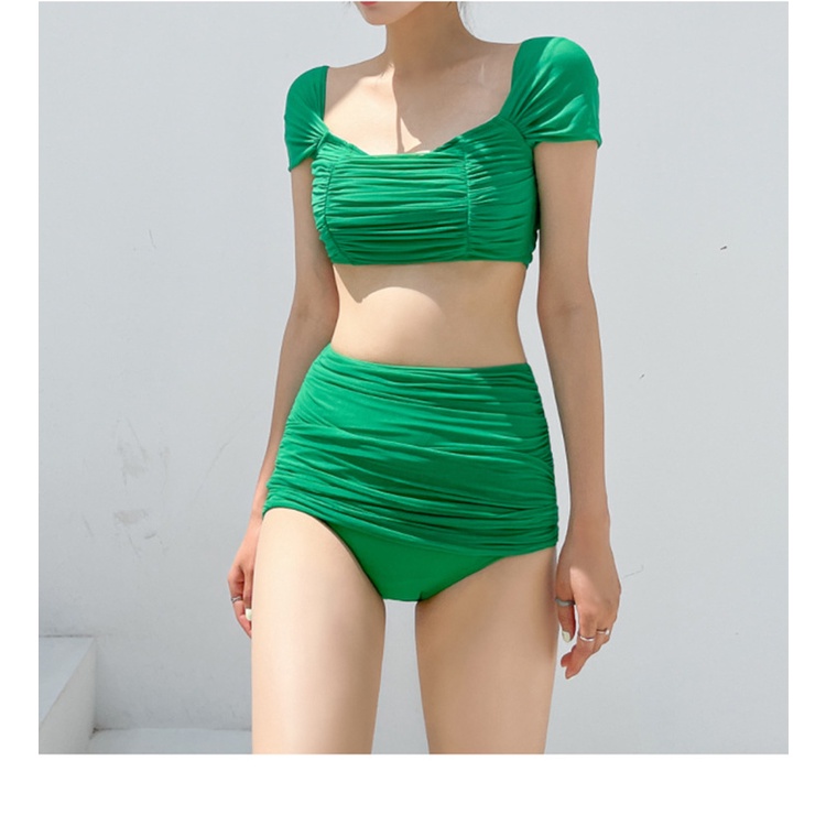 Bikini Hàn Quốc cao cấp váy quần mặc được nhiều kiểu, đồ bơi 2 mảnh xanh lá, đen cạp cao che bụng đi biển