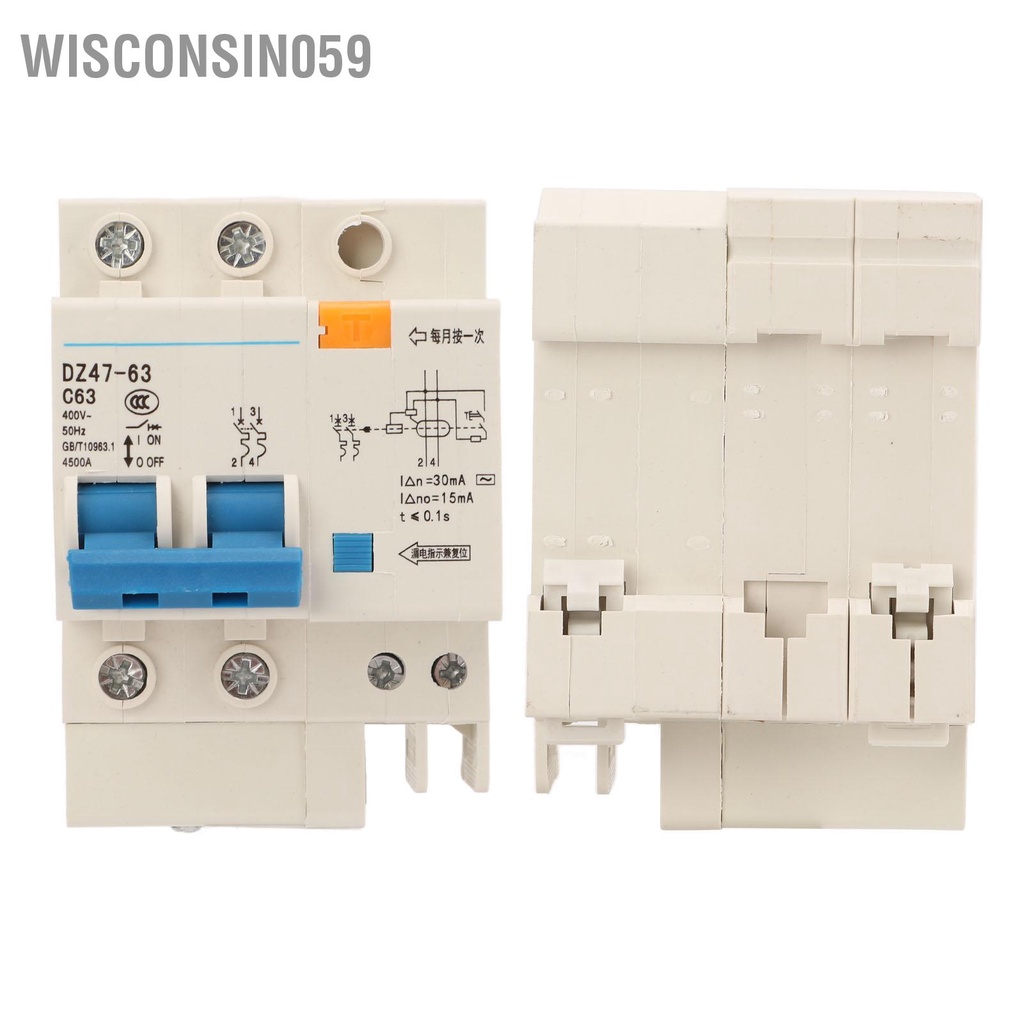 Wisconsin059 Bộ ngắt mạch 63A 2P Bảo vệ chống rò rỉ Công tắc không khí DIN Gắn đường sắt Thu nhỏ 400V