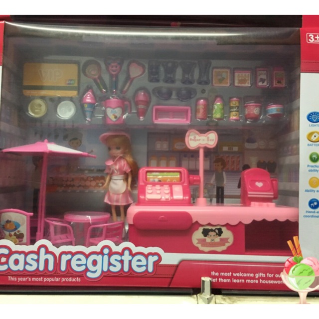 Hộp quầy bếp Bé bán máy tính tiền, kẹo, bánh có bàn ghế -Cash register