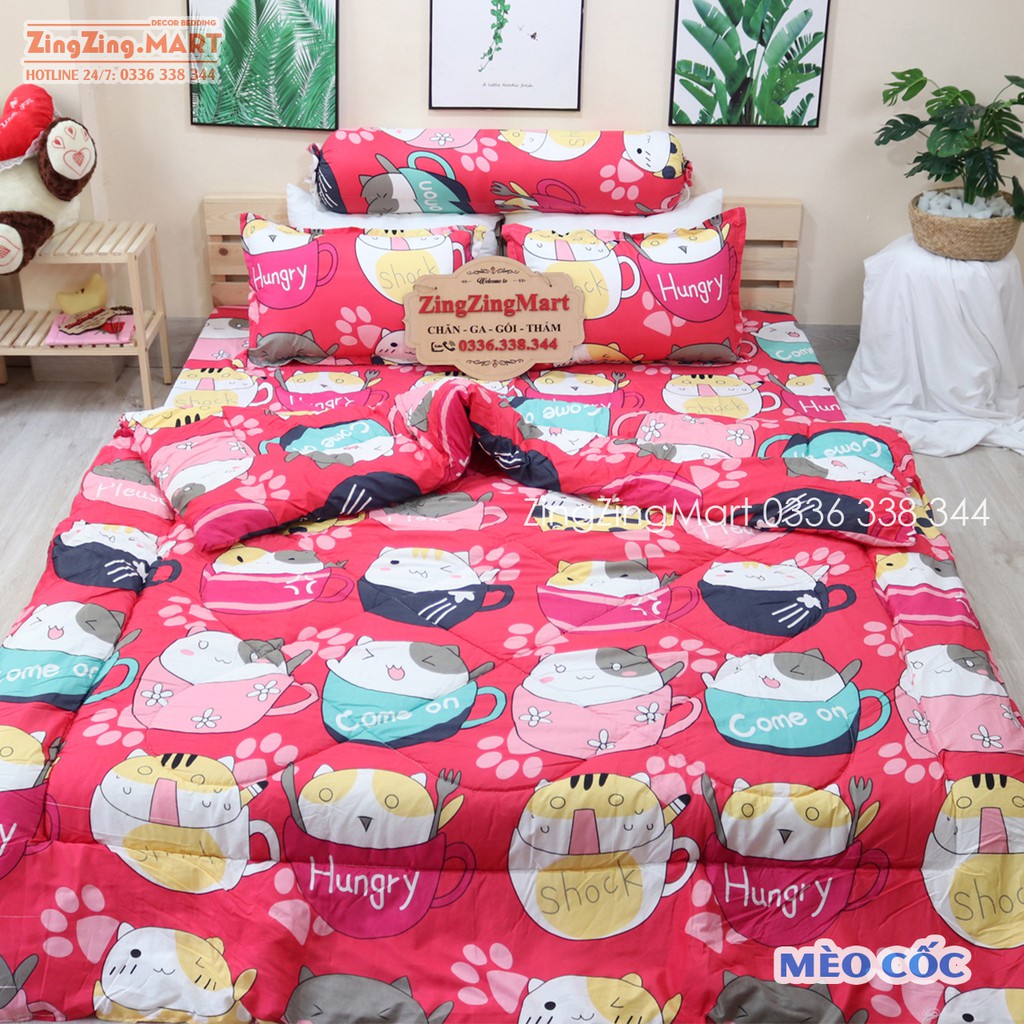 Bộ Ga Gối Poly Ga trải giường | Bộ Drap giường Mèo Cốc ( 1 ga + 2 vỏ áo gối ) - ZingZingMart