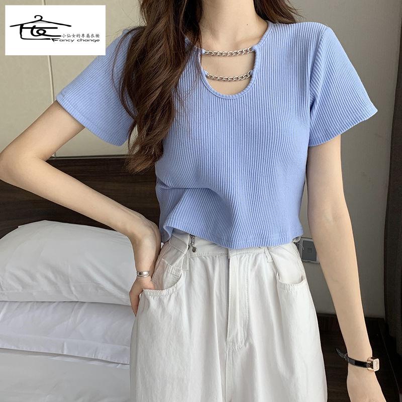 Đặc Biệt Offer ~ Áo Thun Ngắn Tay Phối Dây Xích Dáng Ôm Thời Trang Mùa Hè Dễ Phối Đồ