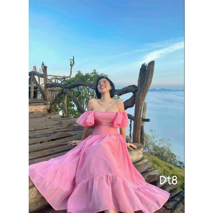 (Free ship) Sét Lụa Áo Trễ Vai Tay Bèo + Váy Tầng Dáng Xòe Đẹp Lung Linh UP HHP Fashion