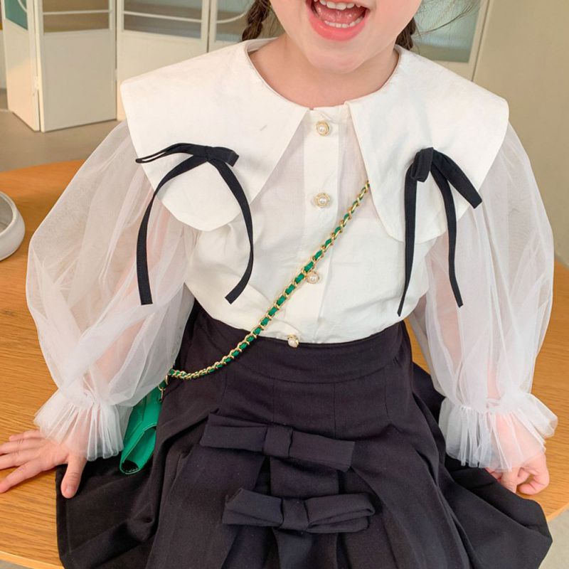 Áo Sơ Mi Trắng Cổ Búp Bê Đính Nơ Xinh Xắn Cho Bé Gái