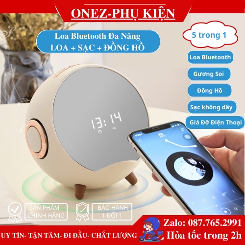 Loa bluetooth thông minh kiêm Sạc không dây_Đồng hồ báo thứ_Mặt gương đồng hồ led Loa bát cực hay