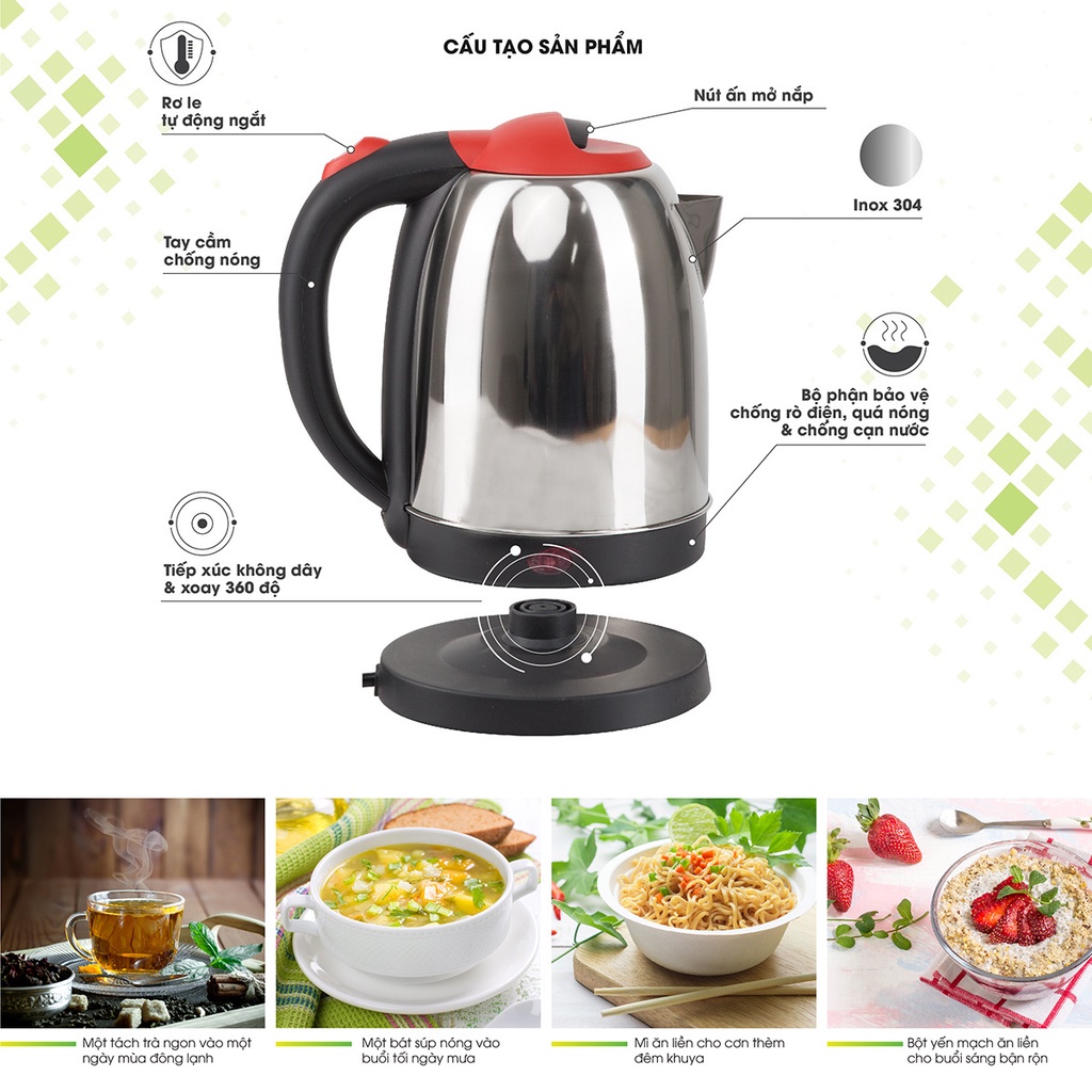 Ấm Siêu Tốc Đun Nước Rạng Đông RD-AST18ST1( 1,8 lít)- Bình Đun Nước Siêu bền, cách điện an toàn khi sử dụng