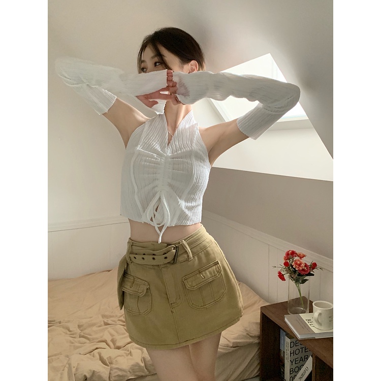 Áo Lửng Hai Dây Cổ Chữ V Dáng Ôm Thời Trang Hàn Quốc Gợi Cảm Cho Nữ