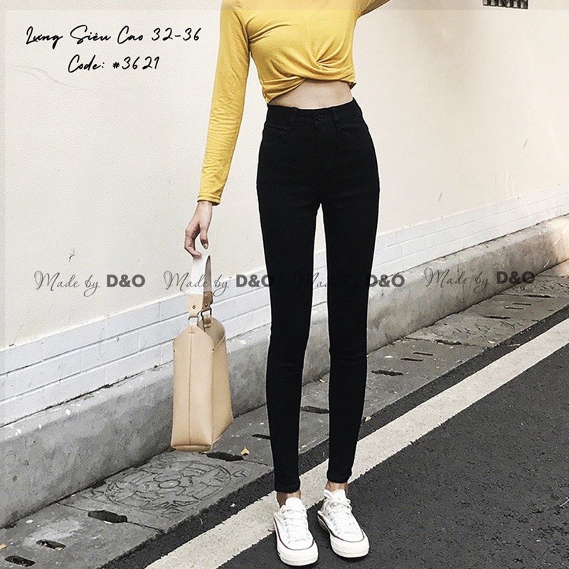 [Size 32-36] Quần Bò Cạp Cao Đen Tuyền /Jeans Lưng Cao Trên Rốn Co Giãn Mạnh - Tôn Dáng Gọn Eo Bụng ĐEN TRƠN