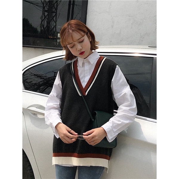 Áo gile 🦋 phối viền style hàn quốc dáng rộng chất umi dày dặn không bai nhão xù lông | BigBuy360 - bigbuy360.vn