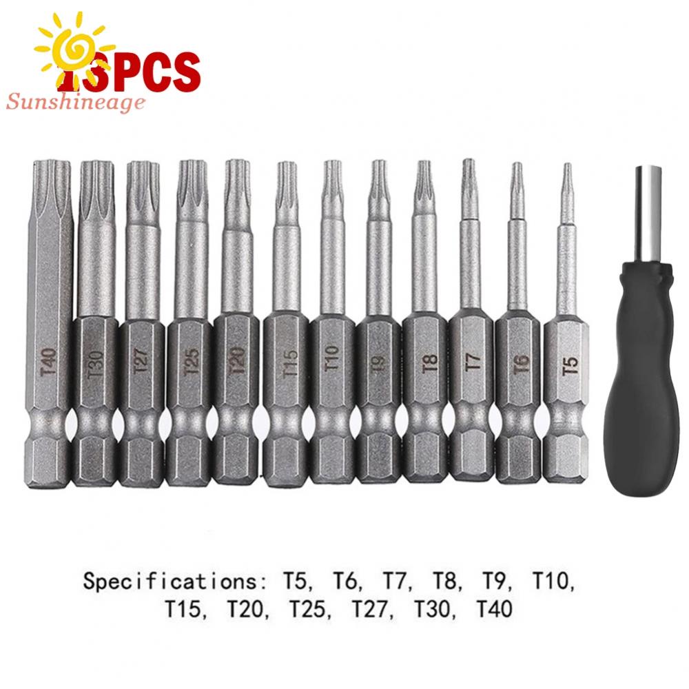 Torx Screwdriver Bits Silver + Black T5-T40 50mm/1.97&quot; 6.35mm Hex Shank