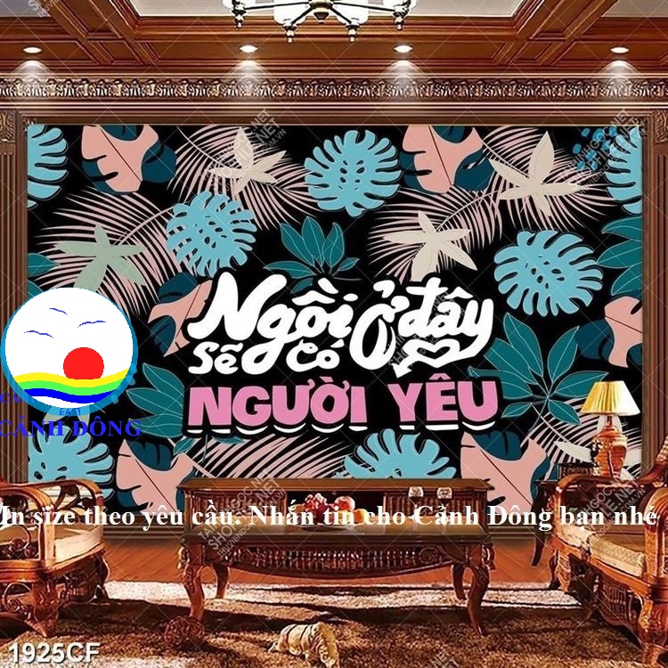 Giấy dán tường quán trà sữa, cà phê độc đáo Ngồi ở đây sẽ có người yêu - in size theo yêu cầu