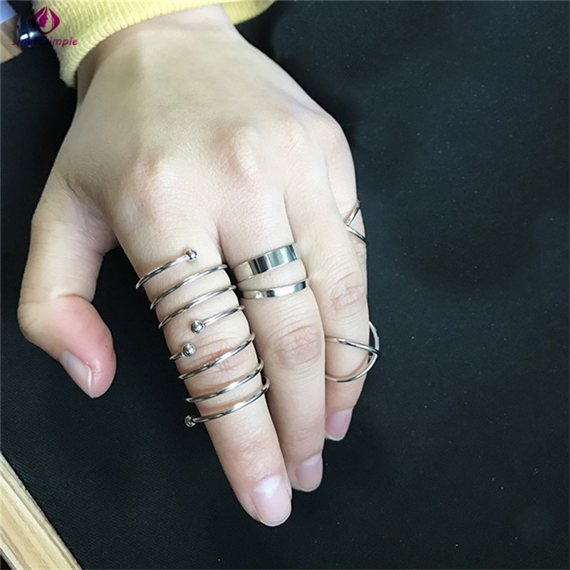 Bộ 6 nhẫn đeo khớp ngón tay quá khổ màu vàng bạc bằng hợp kim kiểu retro phong cách Hàn Quốc