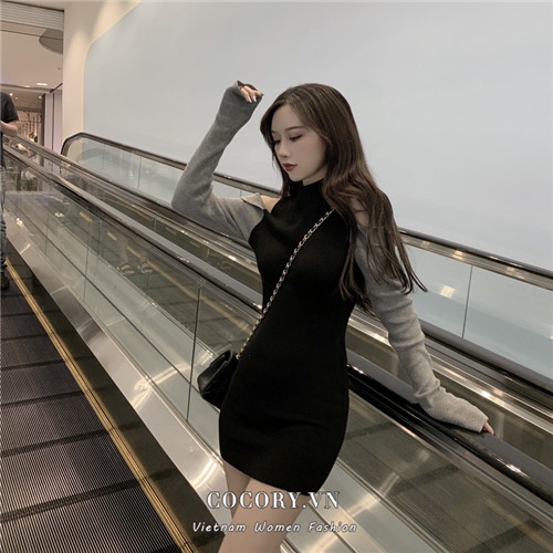 Cocory vn phụ nữ thời trang retro quây cổ tròn mỏng mông dài tay áo dệt kim mini dress