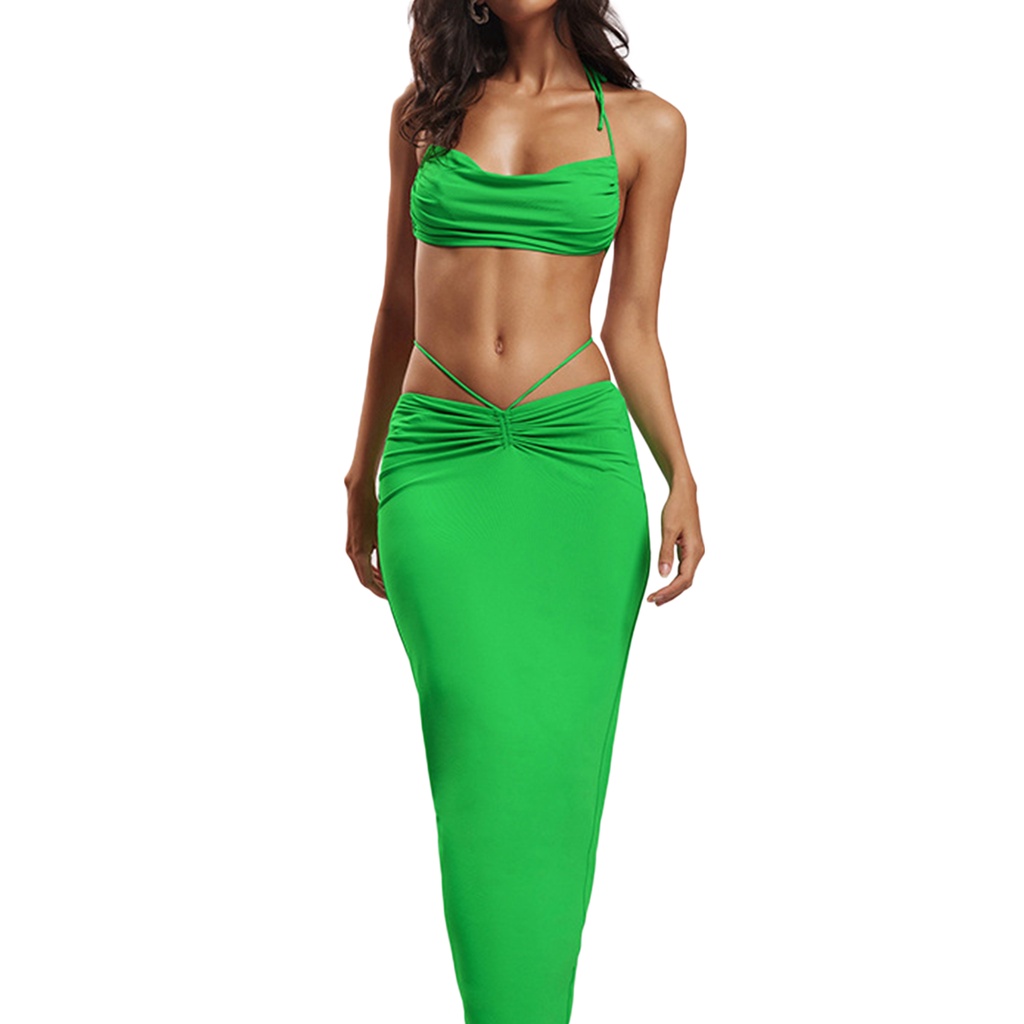 Set Áo Cổ Yếm Cộc Tay Hở Lưng + Chân Váy Dài Ôm Dáng Thời Trang Mùa Hè Cho Nữ