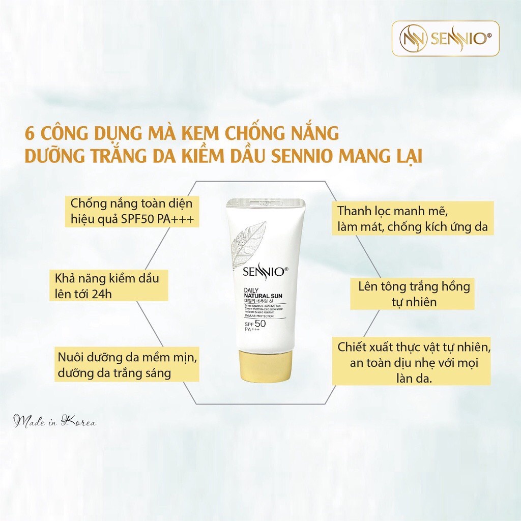 Kem Chống Nắng Trắng Da Kiềm Dầu Hàn Quốc Phù Hợp Cho Da Dầu Mụn SENNIO Daily Natural Cream SPF 50 PA+++ 50ML - SNO 803