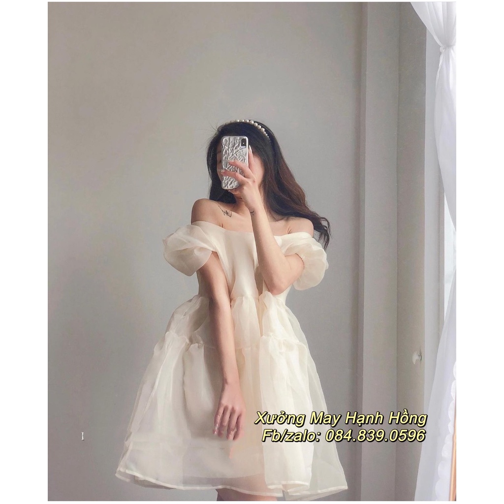 Váy trắng dự tiệc tiểu thư tay phồng cổ vuông, Váy công chúa trắng tay bồng có đệm ngực