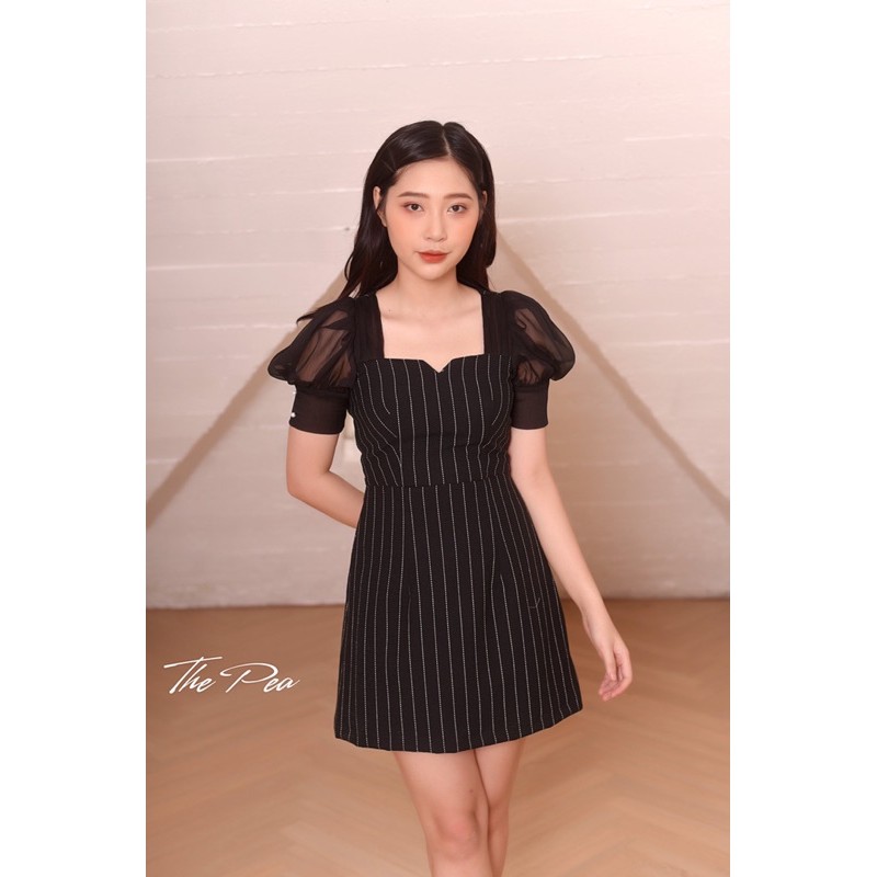 MELANIE DRESS - Váy gấm kẻ pha voan xước