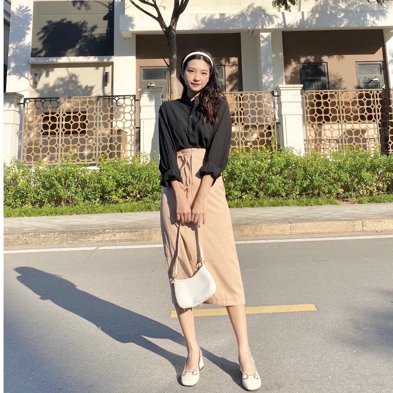 Chân váy nữ dáng dài có dây thắt nơ, chân váy công sở lưng cao chất vải mịn cao cấp Okélla