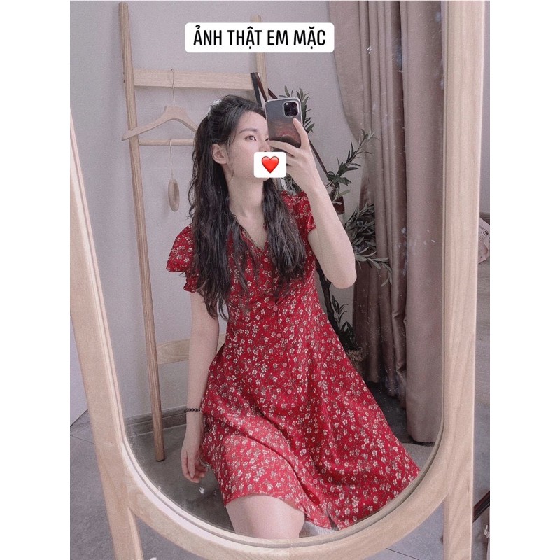 🍓 Váy hoa đỏ cổ V vintage🍓 | BigBuy360 - bigbuy360.vn