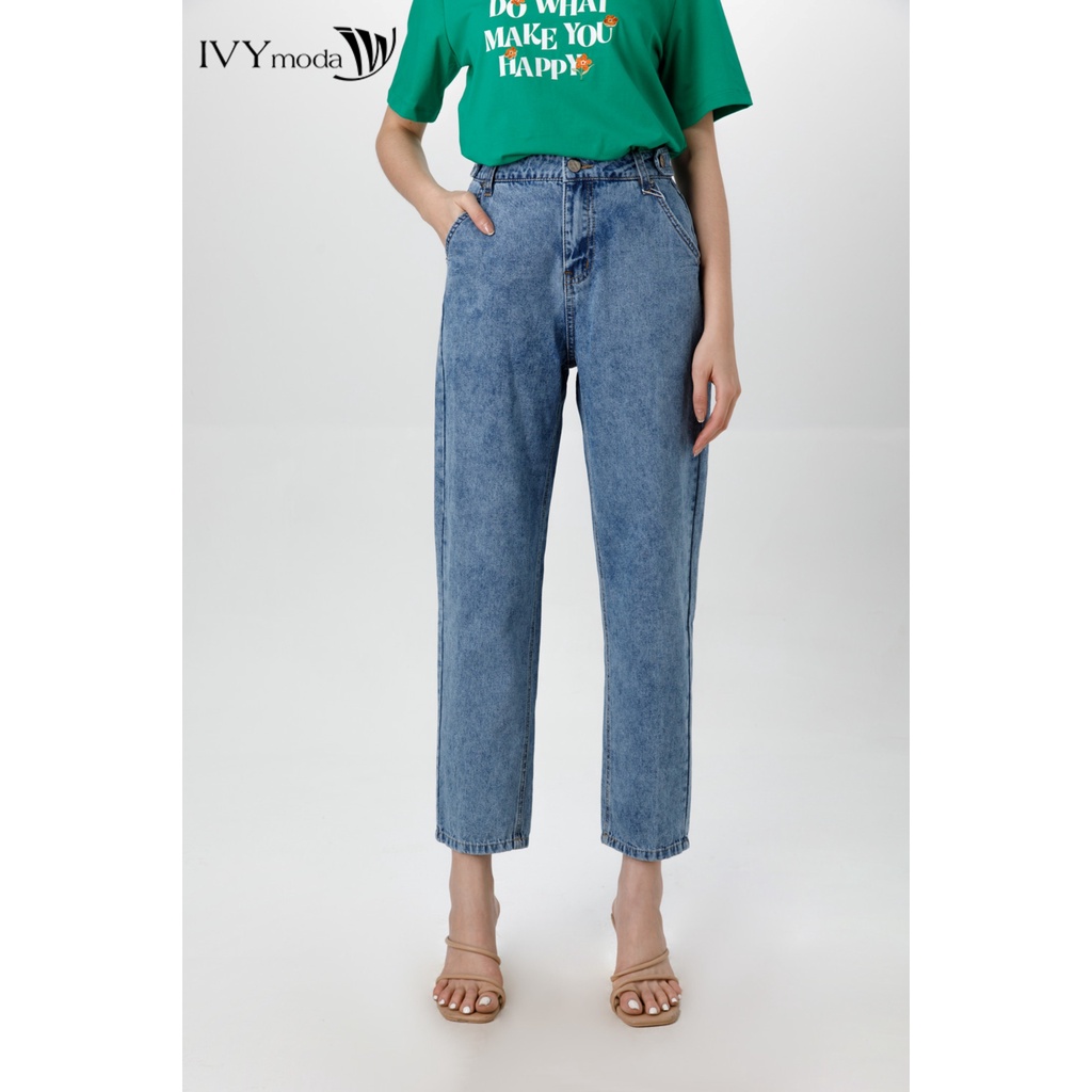 Quần baggy jeans nữ phối khuy đai IVY moda MS 25B8891