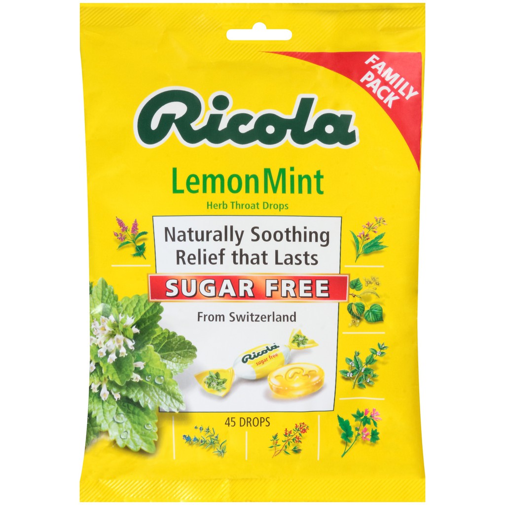 Kẹo Ricola Sugar Free Lemon Mint Herb Throat Drops 45v Bill Mỹ