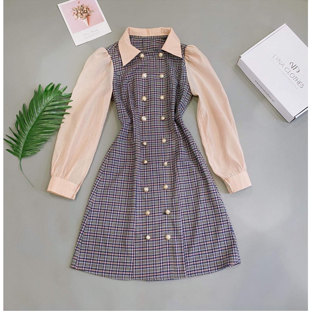 Siêu phẩm váy thiết kế kẻ caro có cổ tay phối vải tơ cao cấp, mặc đi làm công sở, đi chơi, cafe, dạo phố, dự tiệc đều ok | BigBuy360 - bigbuy360.vn