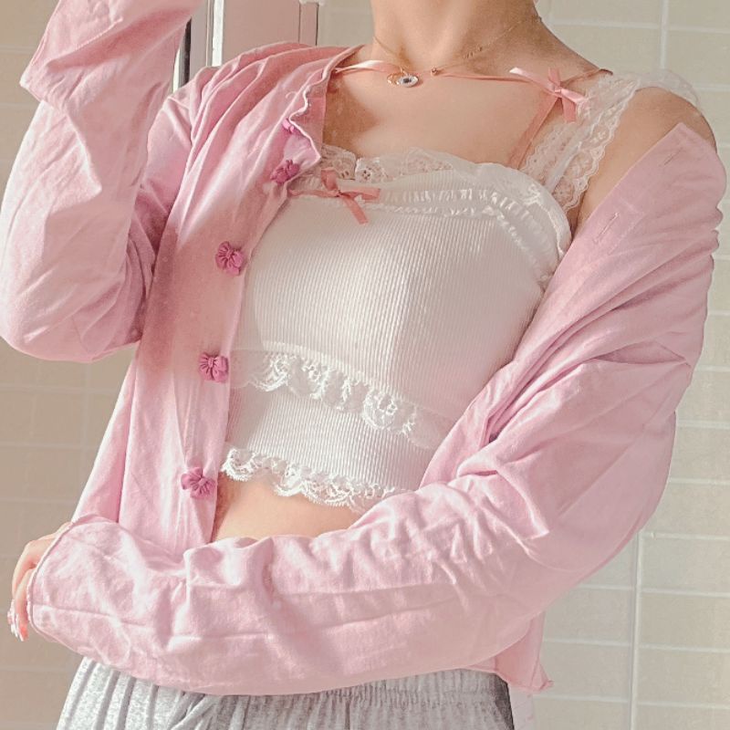 Áo yếm ren len ngọt ngào thắt nơ lolita xinh xắn có ảnh thật